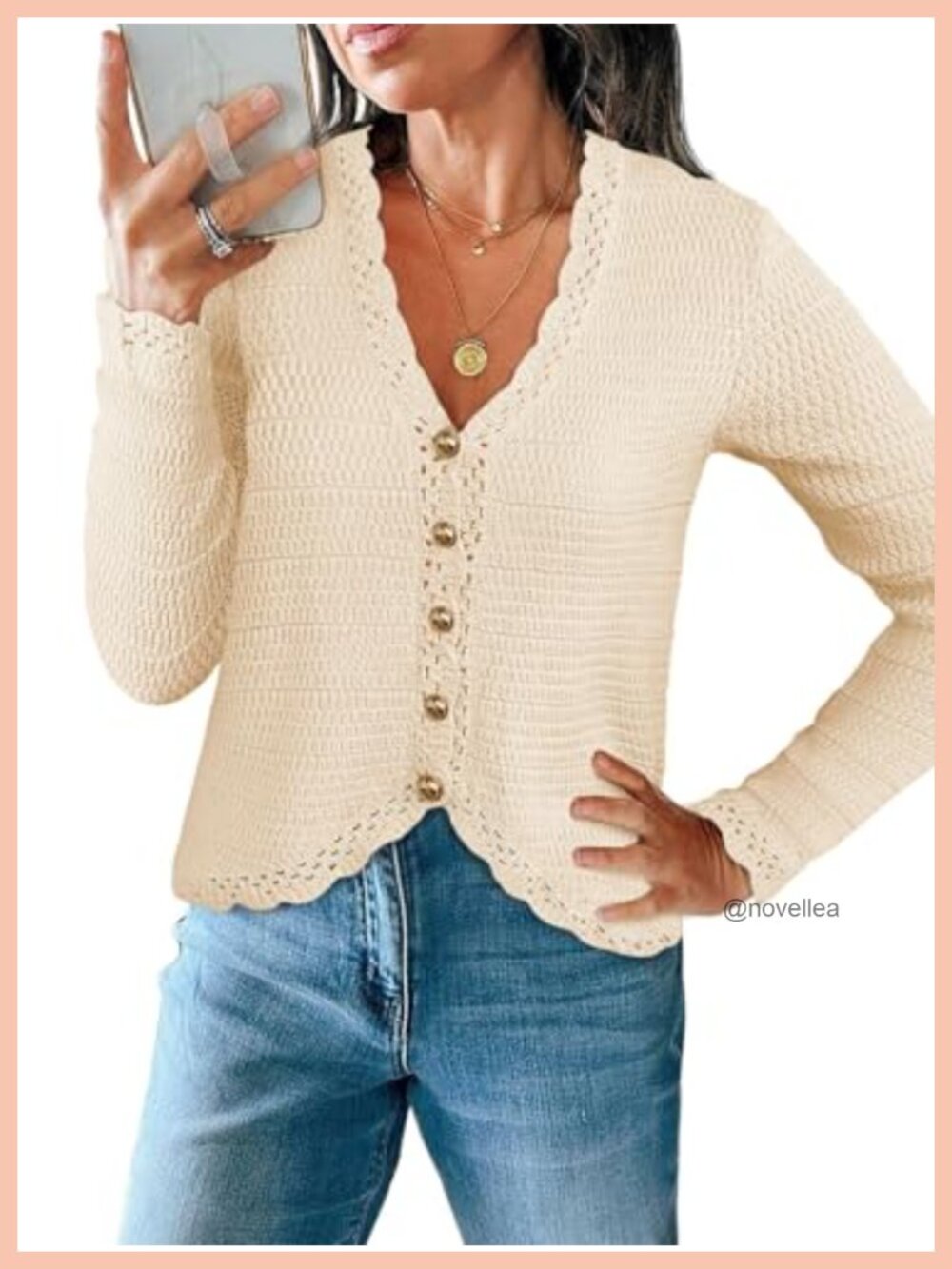 Cropped Knit Cardigan Sweater with V Neck and Button Down Front